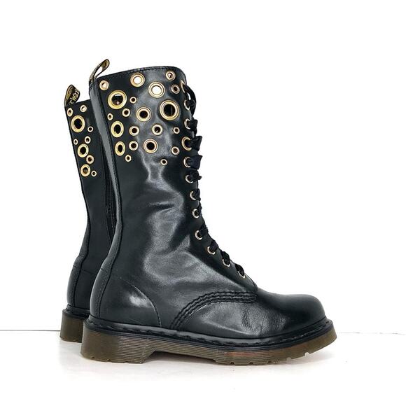 Dr. Martens Black Combat Boots with Gold Accents - Picture 3 of 11